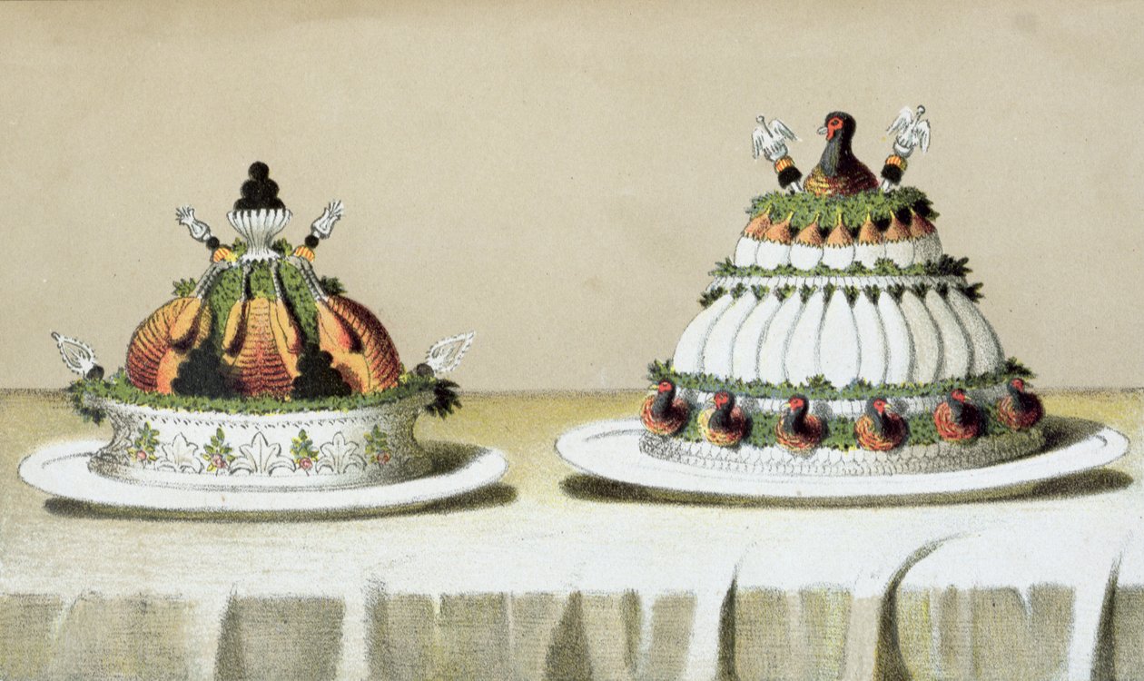 Projeto para a apresentação de frango recheado com foie gras e peitos de faisão cozidos à maneira de Berthold, ilustração de um livro de culinária húngara sobre culinária francesa, c.1880 de Hungarian School