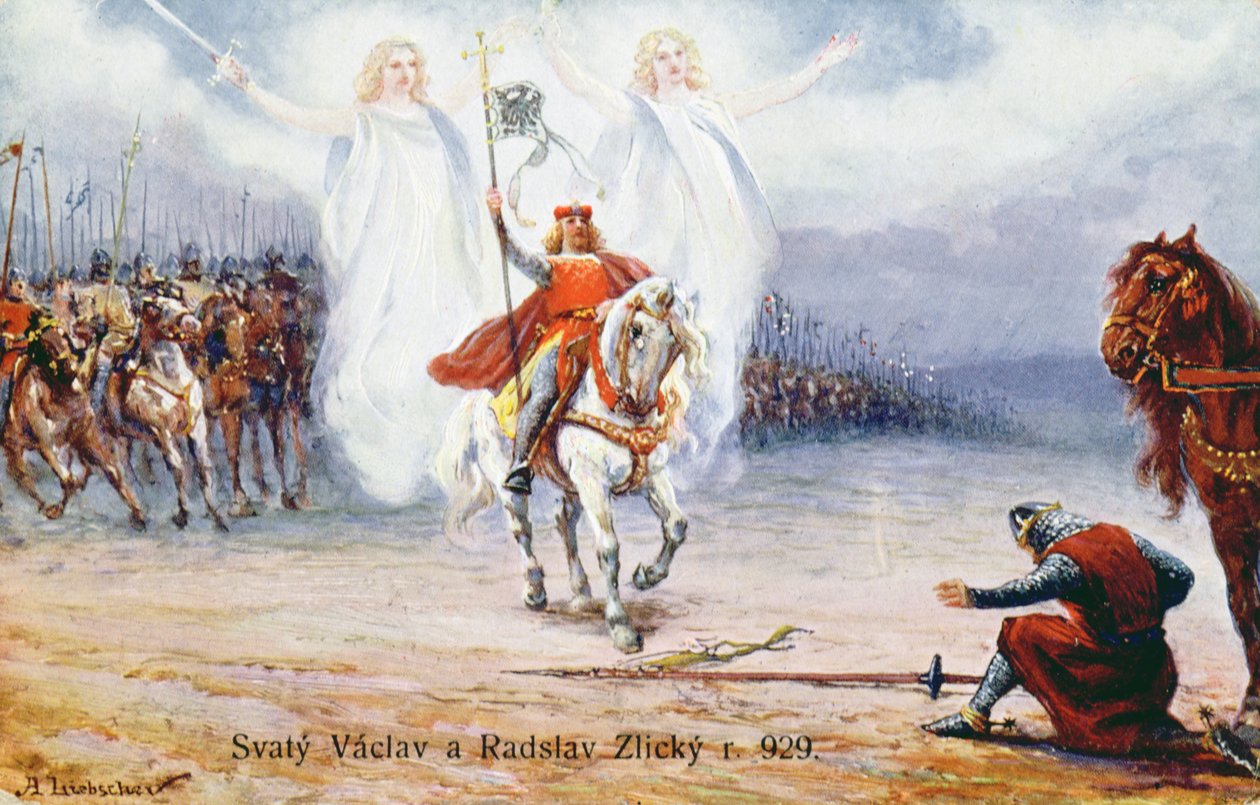 Duque de Kourim se rende a São Venceslau depois de ver dois anjos que acompanham o santo de Hungarian School