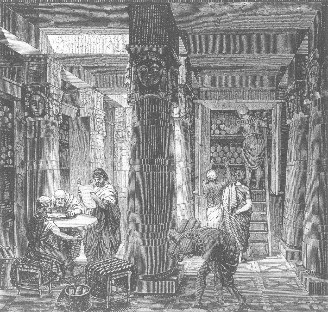 Recriação imaginária da Biblioteca Ptolomeu em Alexandria, Egito, da Histoire Generale des Peuples, 1880 de Hungarian School