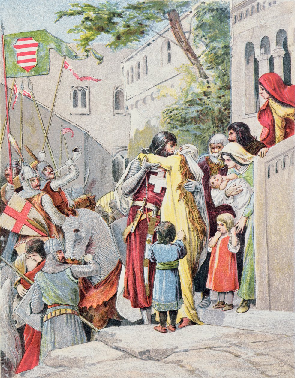 John Hunyadi abraça sua esposa, Erzsebet Szilagyi, quando ele parte para a batalha, c.1900 de Hungarian School