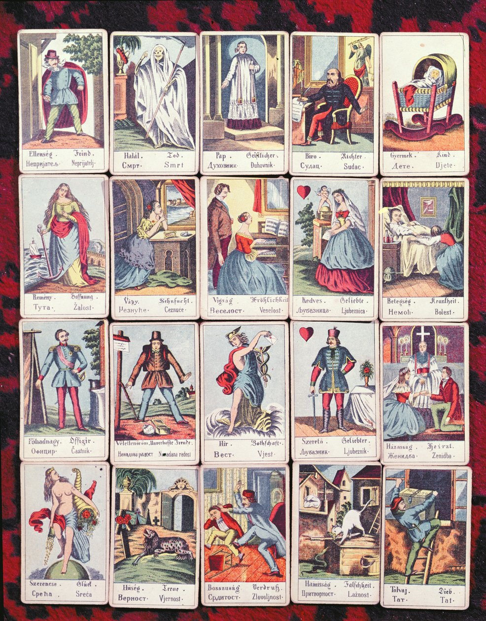 Cartões LeNormand em quatro idiomas (húngaro, alemão, sérvio e croata), final do século XIX de Hungarian School