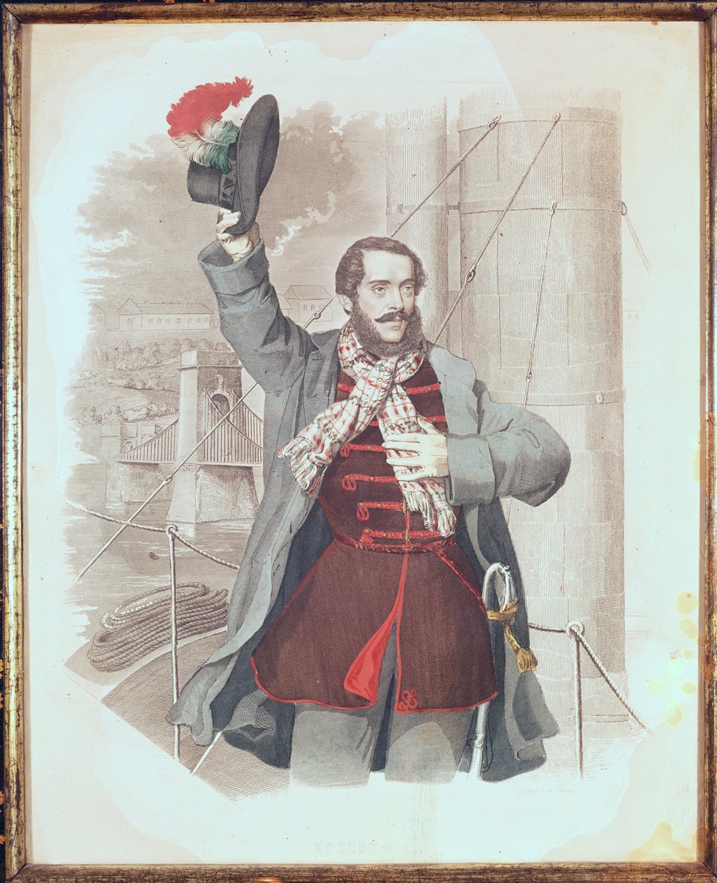 Retrato de Louis Kossuth (1802-94) na Ponte das Correntes em Budapeste, 1849 de Hungarian School