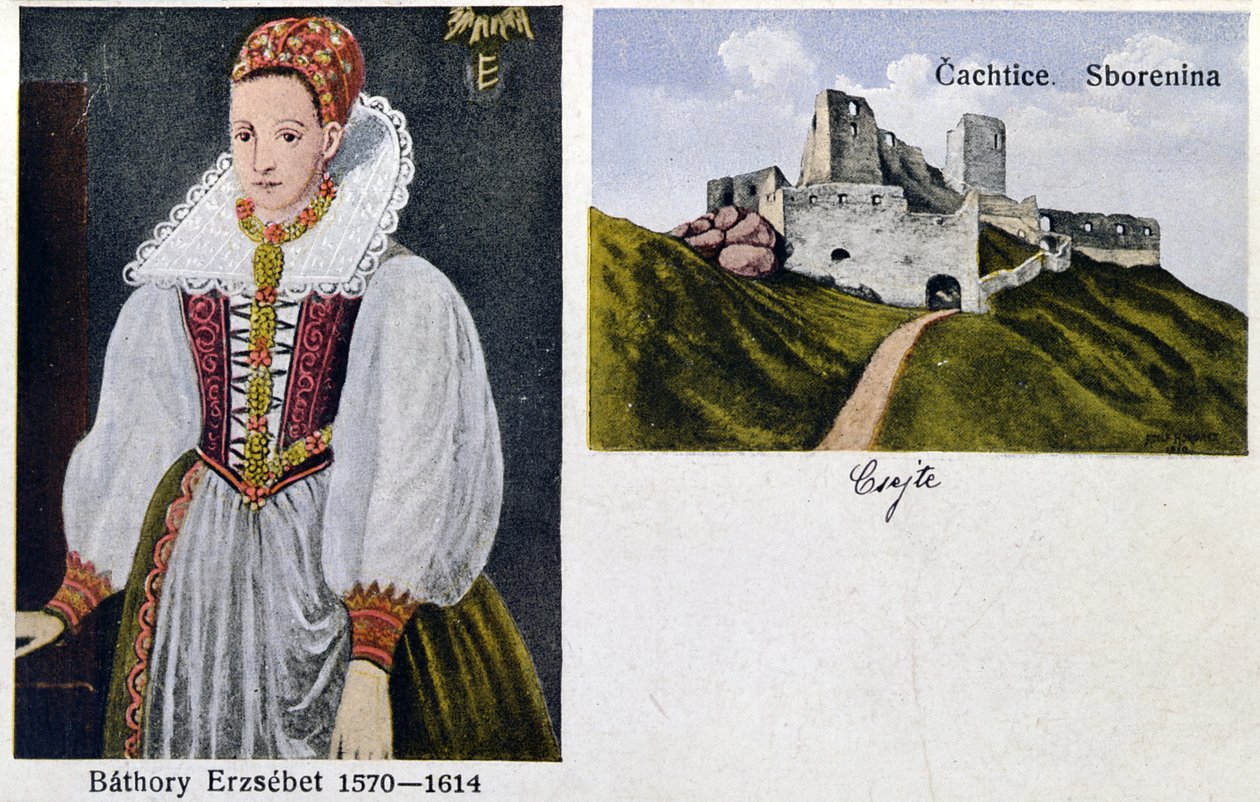 Postal representando a condessa Elisabeth Bathory (1560-1614) e o castelo Cachtice de Hungarian School