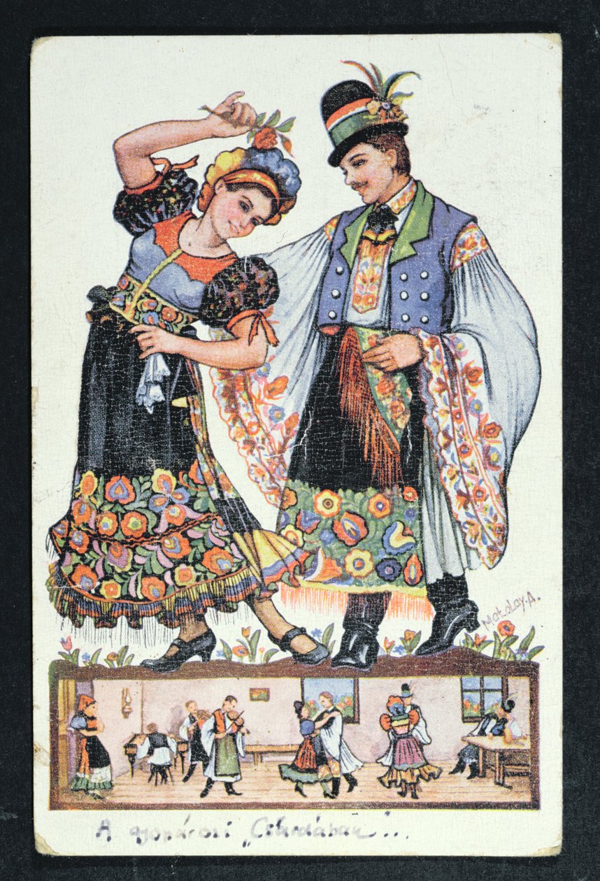 Cartão postal retratando um casal húngaro dançando uma dança tradicional, 1943 de Hungarian School