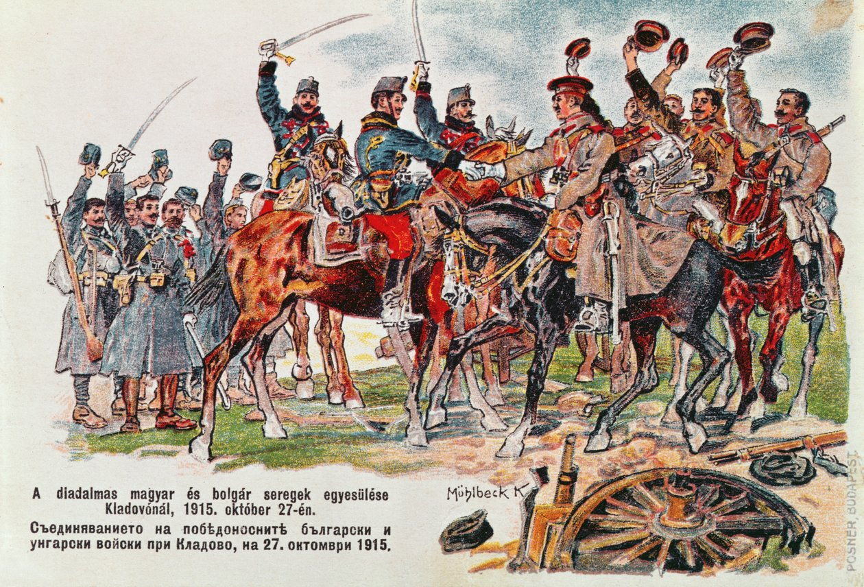 Postal representando a reunião dos exércitos húngaro e búlgaro em 27 de outubro de 1915 perto de Kladovo, 1915 de Hungarian School