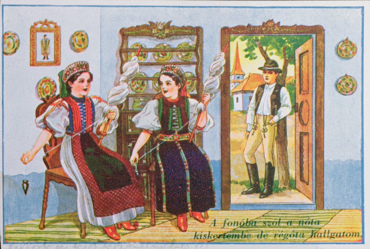 Cartão postal representando as mulheres no vestido tradicional húngaro girando e cantando a canção popular Sing a Song to the Frog, c.1940 de Hungarian School