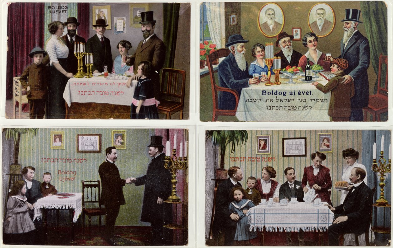 Cartões postais representando a família judia em Rosh Hashaná de Hungarian School