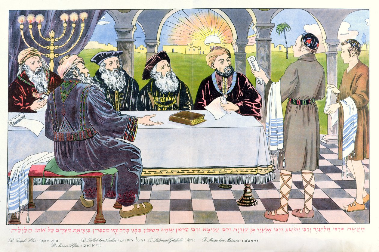 Savants na Mesa de Maimônides, de uma Hagadá da Páscoa de Hungarian School