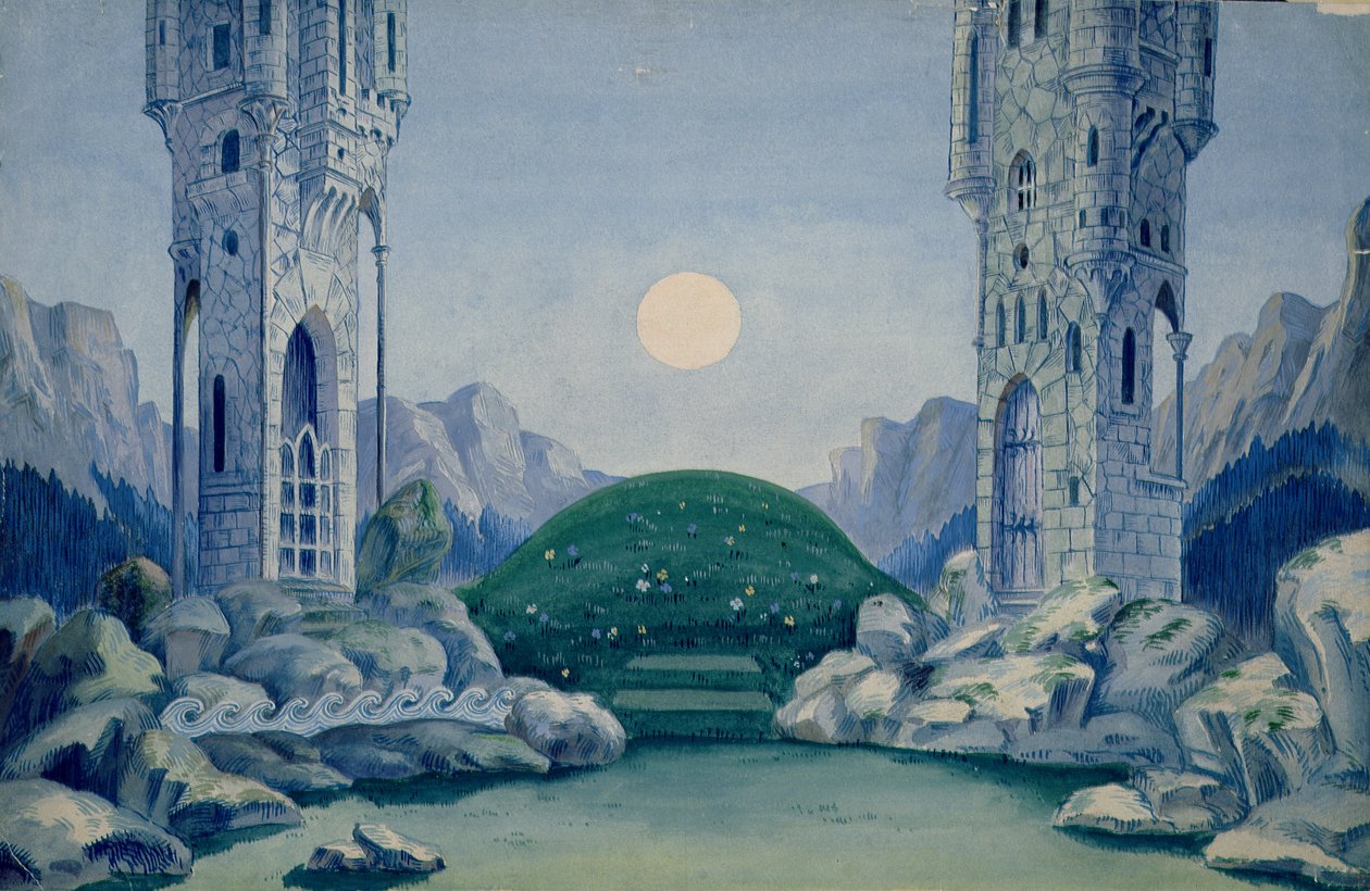 Cenário da estreia de "O Príncipe de Madeira" de Bela Bartok (1881-1945) 1917 (aguarela sobre papel) de Hungarian School