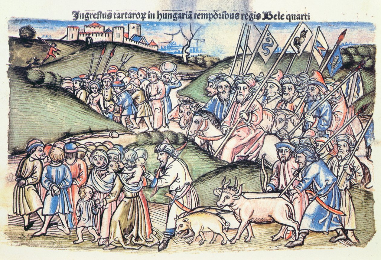 A Invasão Mongol da Hungria em 1241 durante o reinado de Bela IV de uma gravura em madeira colorida original) de Hungarian School
