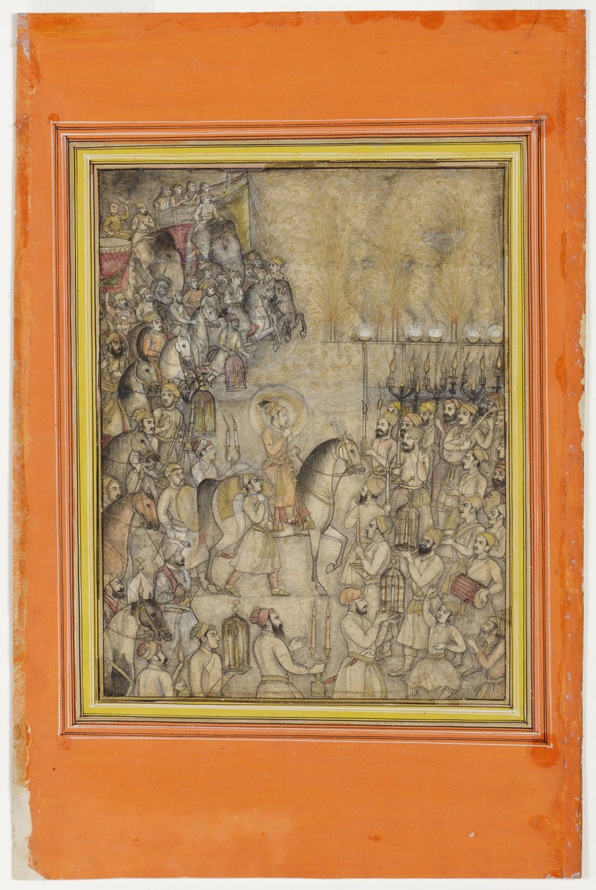 Celebrações na época do casamento de Aurangzeb, c.1640 (wc opaco e ouro sobre papel) de Hunhar