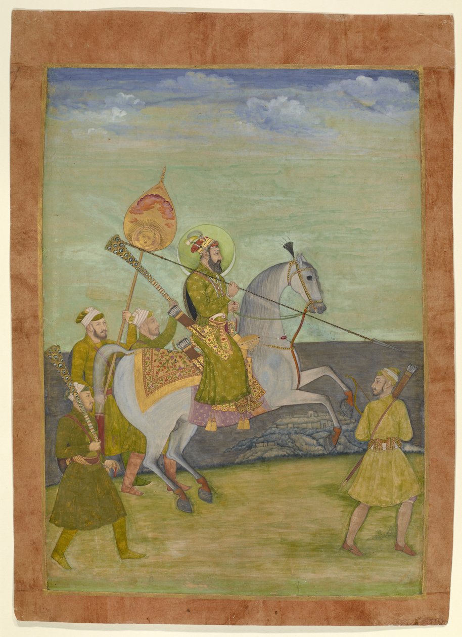 Retrato equestre de Bahadur Shah quando jovem, Mughal, c.1690 (guache com ouro sobre papel) de Hunhar I (attr. to)