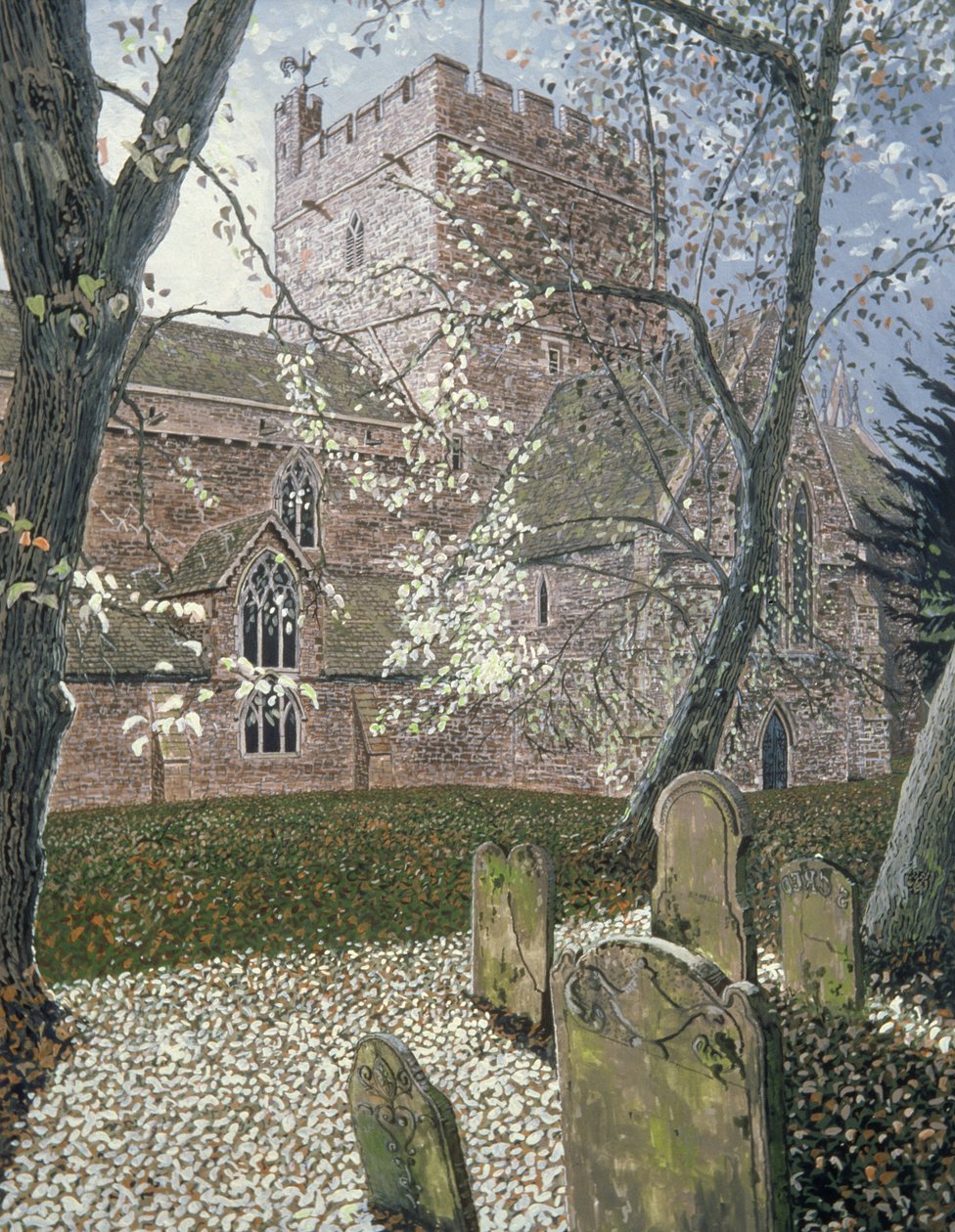 Catedral de Brecon, Dia de Outono, 1992 (guache no cartão) de Huw S. Parsons