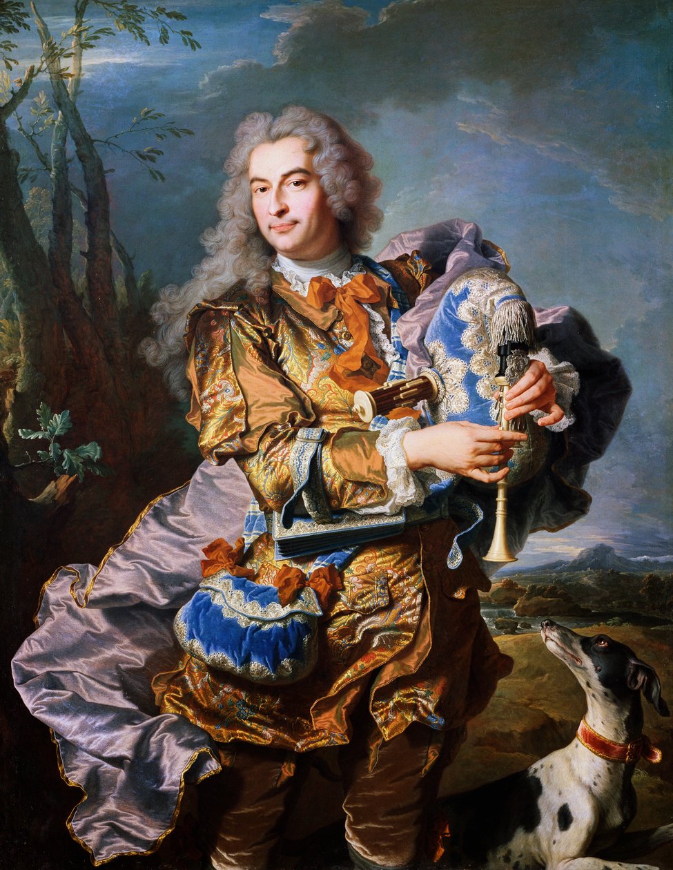 Gaspard de Gueidan tocando gaita de foles, ca. 1735, de Hyacinthe Rigaud (1659-1743), óleo sobre tela. Detalhe. França de Hyacinthe Francois Rigaud