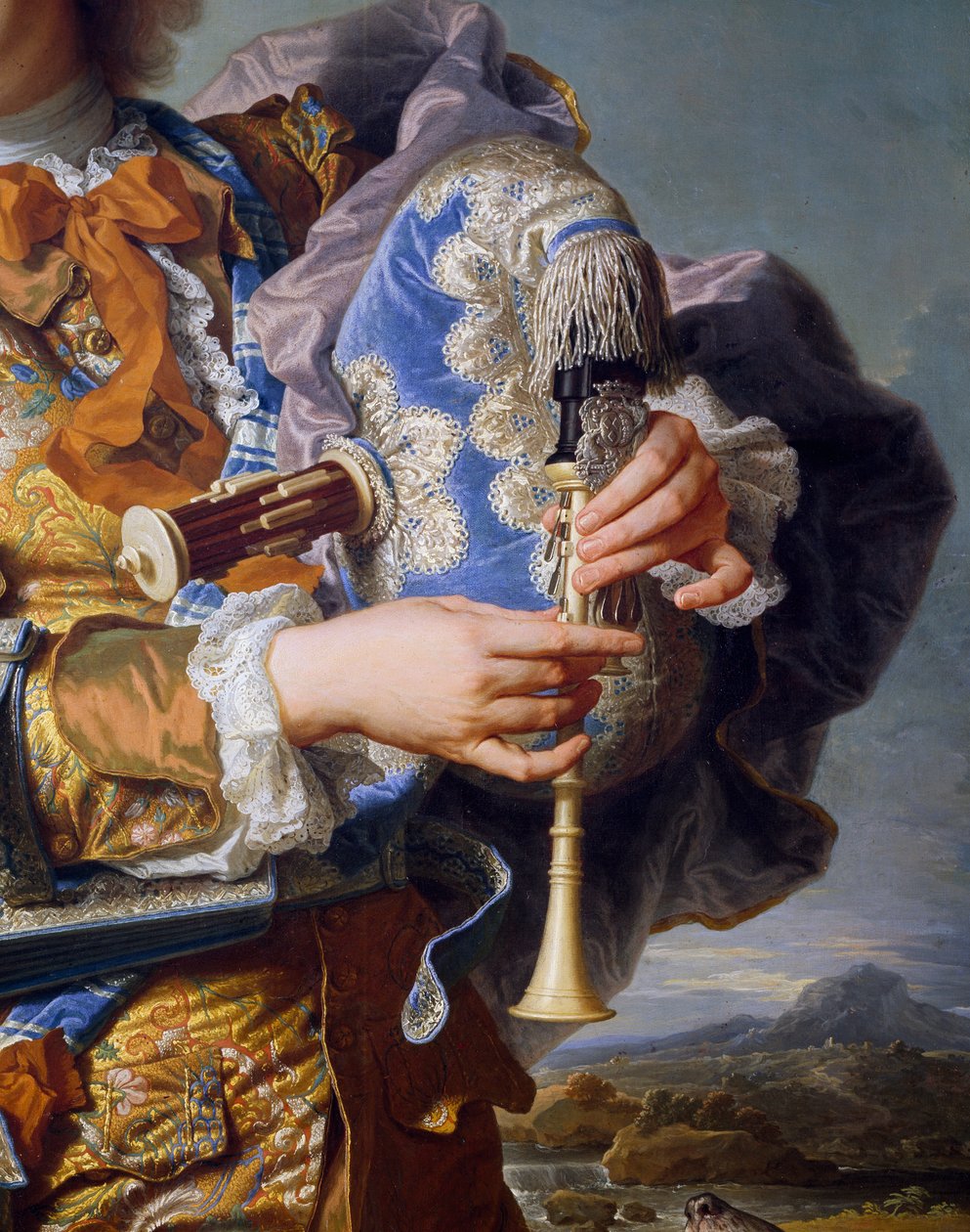 Gaspard de Gueidan tocando gaita de foles, ca. 1735, de Hyacinthe Rigaud (1659-1743), óleo sobre tela. Detalhe. França de Hyacinthe Francois Rigaud