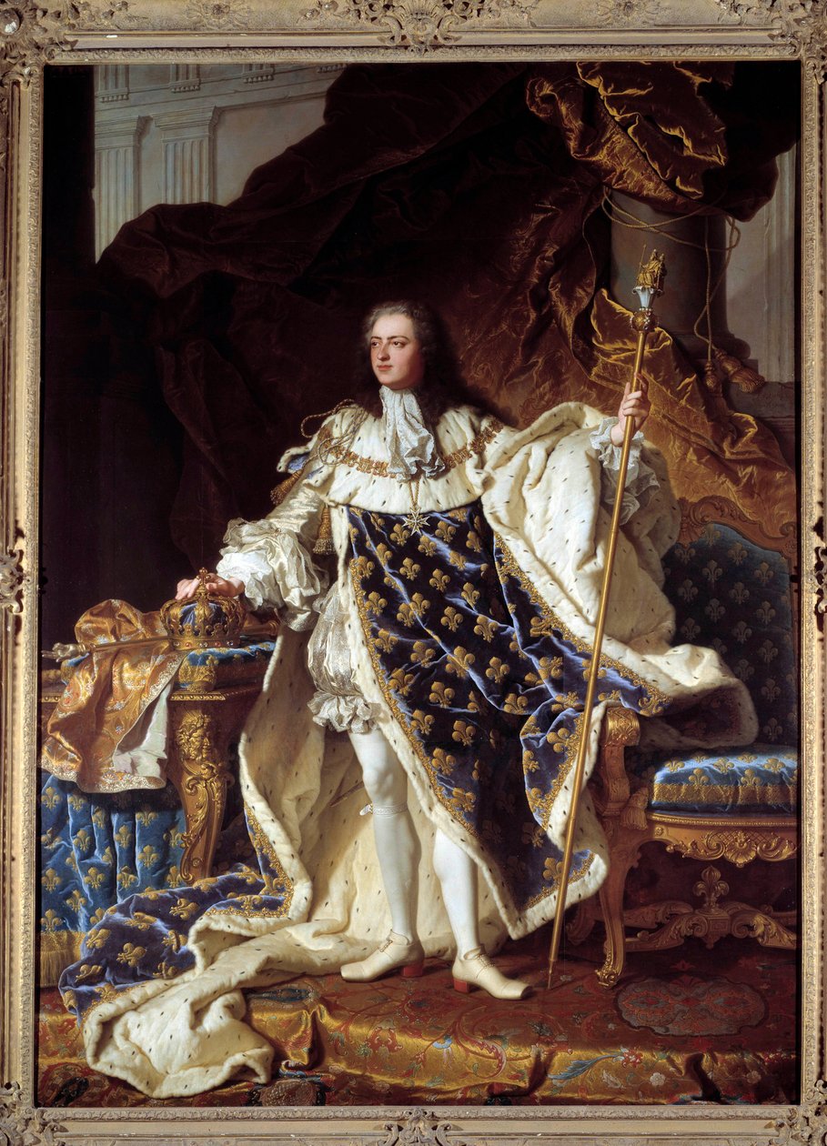 Portrait en pied de Louis XV en figurino de corre (1710-1774) Pintura de Hyacinthe Rigaud (1659-1743). 1730. Dim. 2,71 x 1,94 m. Versailles, musee du Chateau - Retrato de Luís XV em traje de coroação (1710-1774). Pintura de Hyacinthe Rigaud ( de Hyacinthe Francois Rigaud