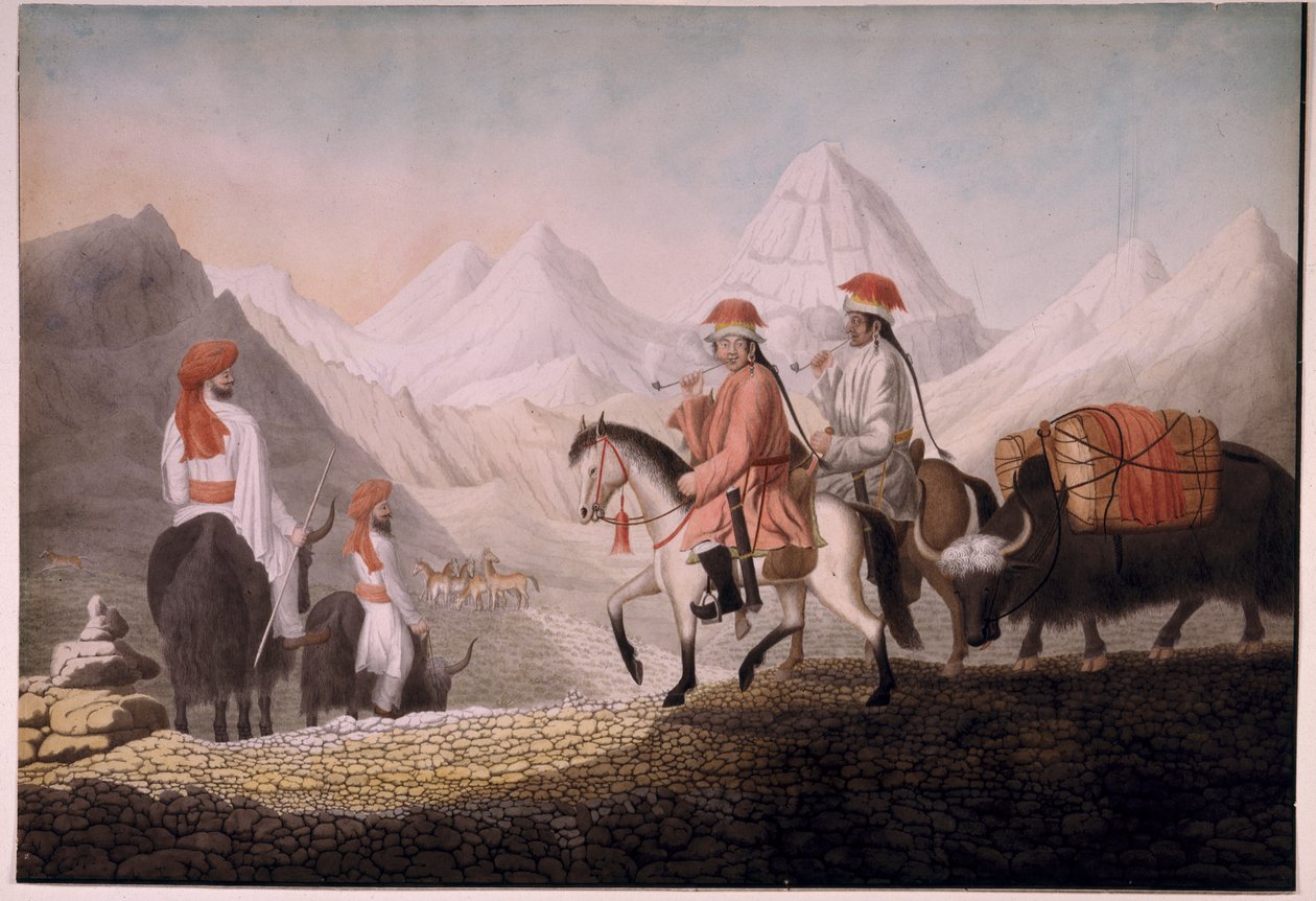 William Moorcroft e Hearsey na estrada para o Lago Mansarowar (Tibete) 1812 (aguarela sobre papel) de Hyder Jung Hearsey