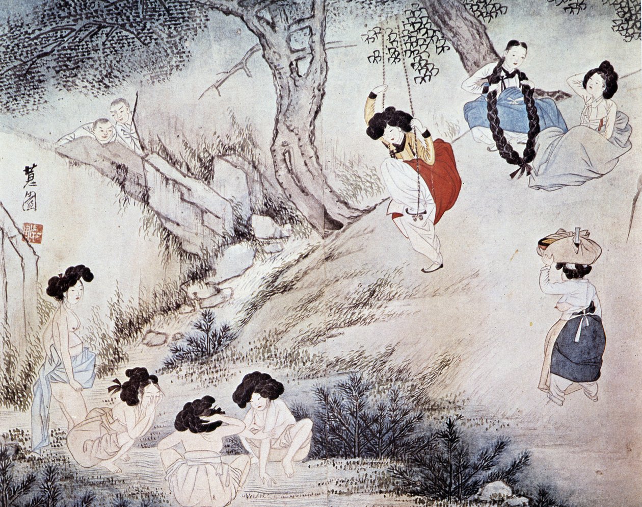 Mulheres ao ar livre (banho no rio e balanço) e dois homens a observá-los, Kree - por Hye-Wol, Yi Dynasty de Hyewon