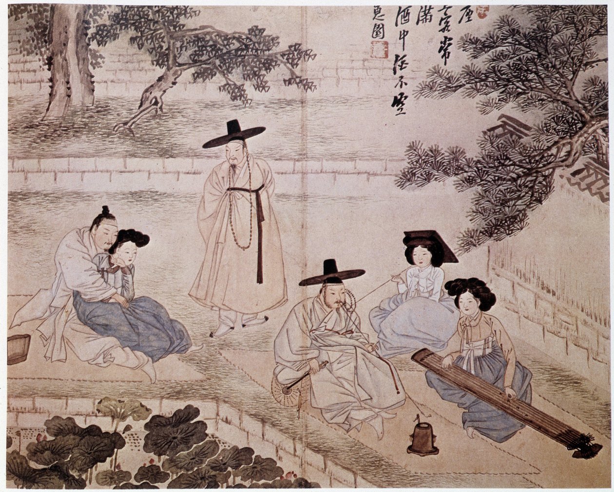 Música, fumeiro e casal num jardim, Coreia - por Hye-Wol, Yi dynasty de Hyewon