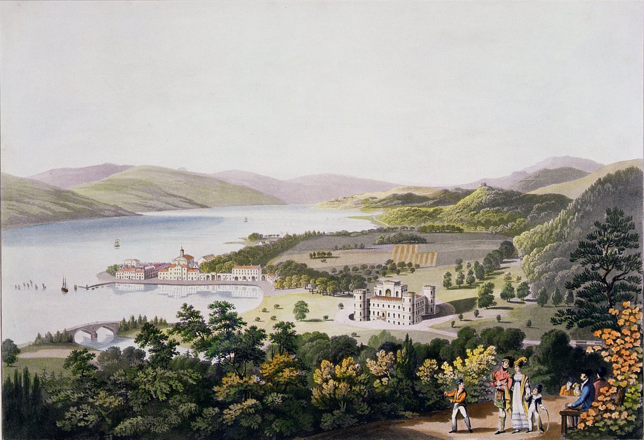 A cidade de Inverary, pub. por Smith e Elder, 1824 (aquatinta) de I Clark