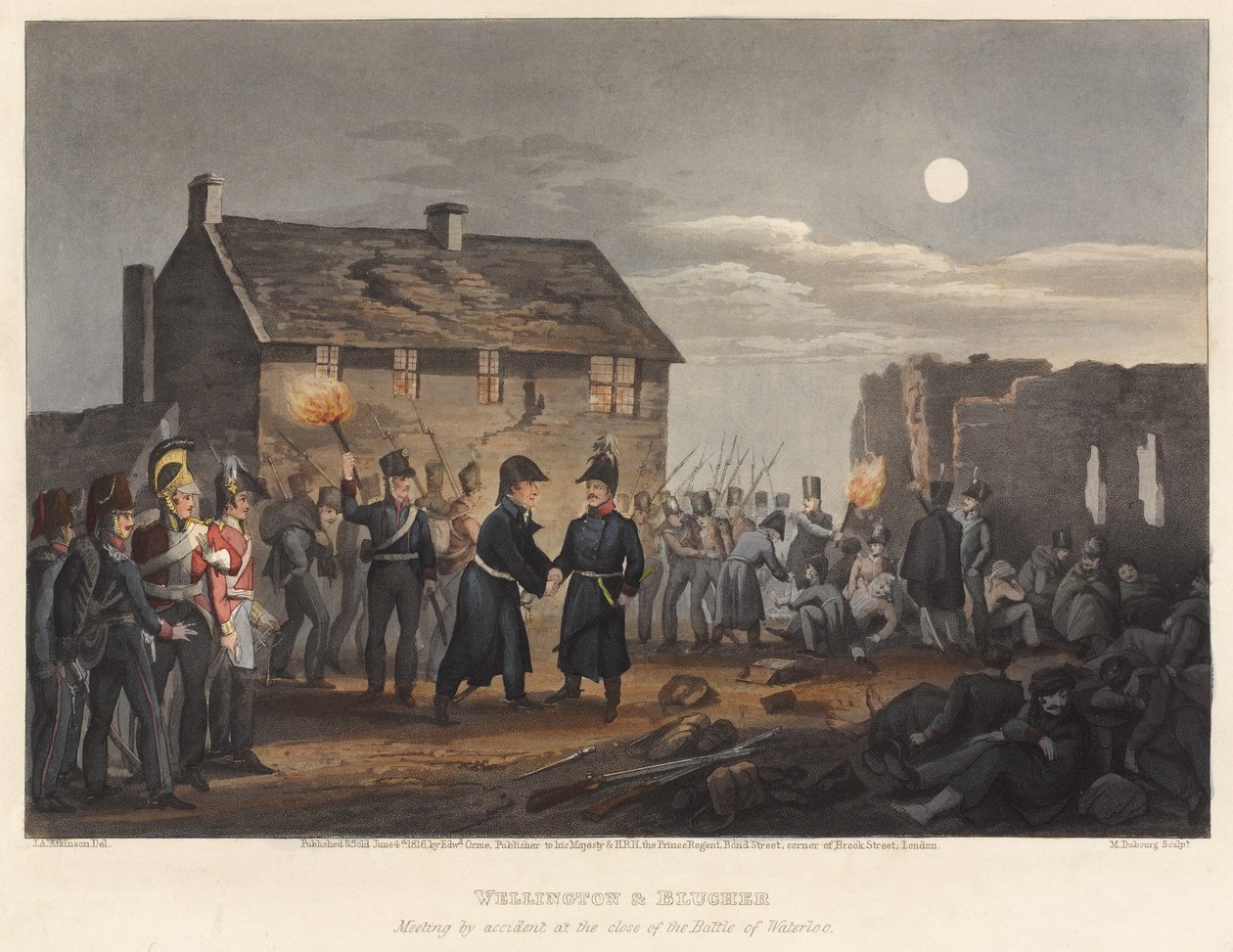 Reunião de Wellington e Blucher por acidente no final da Batalha de Waterloo, gravada por M. Dubourg, 1819 (aquatinta colorida) de I. M. Clark