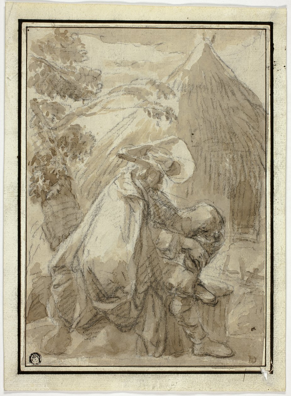 Homem sentado no manto por Thatched Hut de III Follower of Herman Saftleven