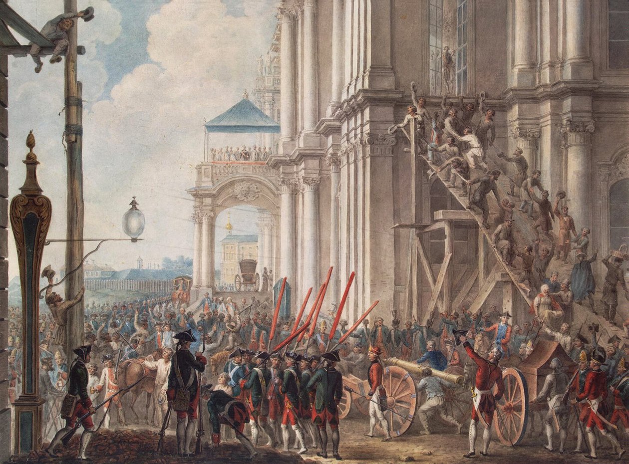 Catarina II na varanda do Palácio de Inverno, saudada por Guardas e Pessoas no Dia da Revolução do Palácio, 28 de junho de 1762 de I.K Kaestner
