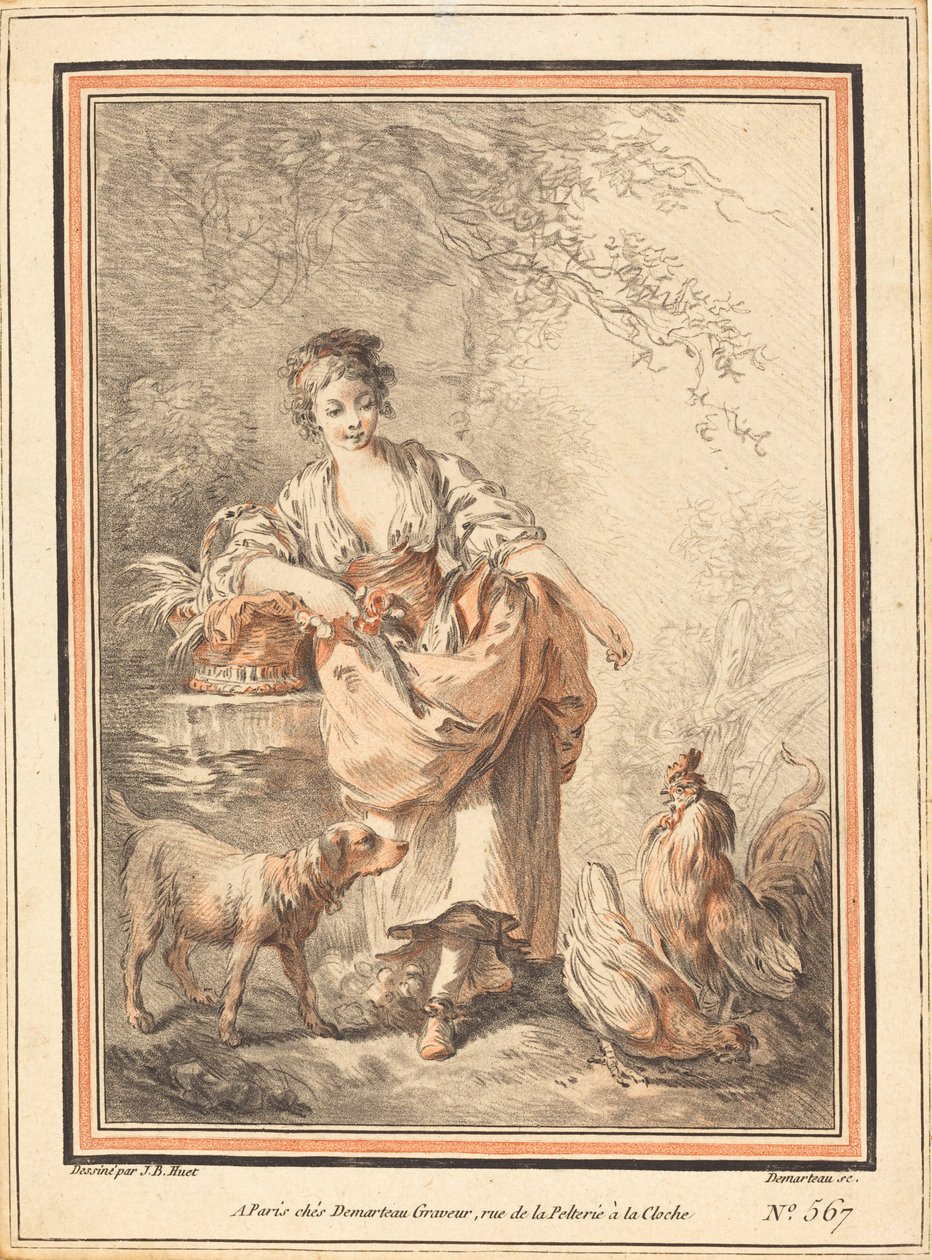 Mulher alimentando galinhas de I Gilles Antoine Demarteau after Jean Baptiste Hüet