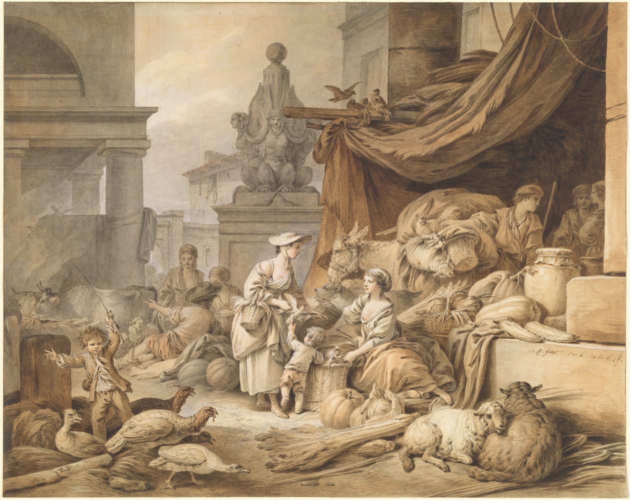Cena do mercado com uma escultura fantástica de I Jean Baptiste Hüet