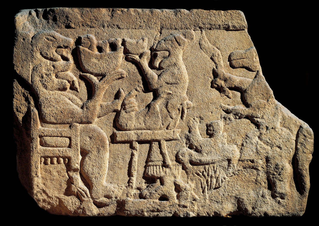 Arte Ibérica: baixo relevo representando uma cena de banquete mitológica onde um deus do submundo tem duas cabeças com a boca aberta em frente a um altar de sacrifício. Cerca de 500 a.C., vindo do túmulo de Pozo Moro, Espanha. Madrid, Museo Arqueologico Na de Iberian