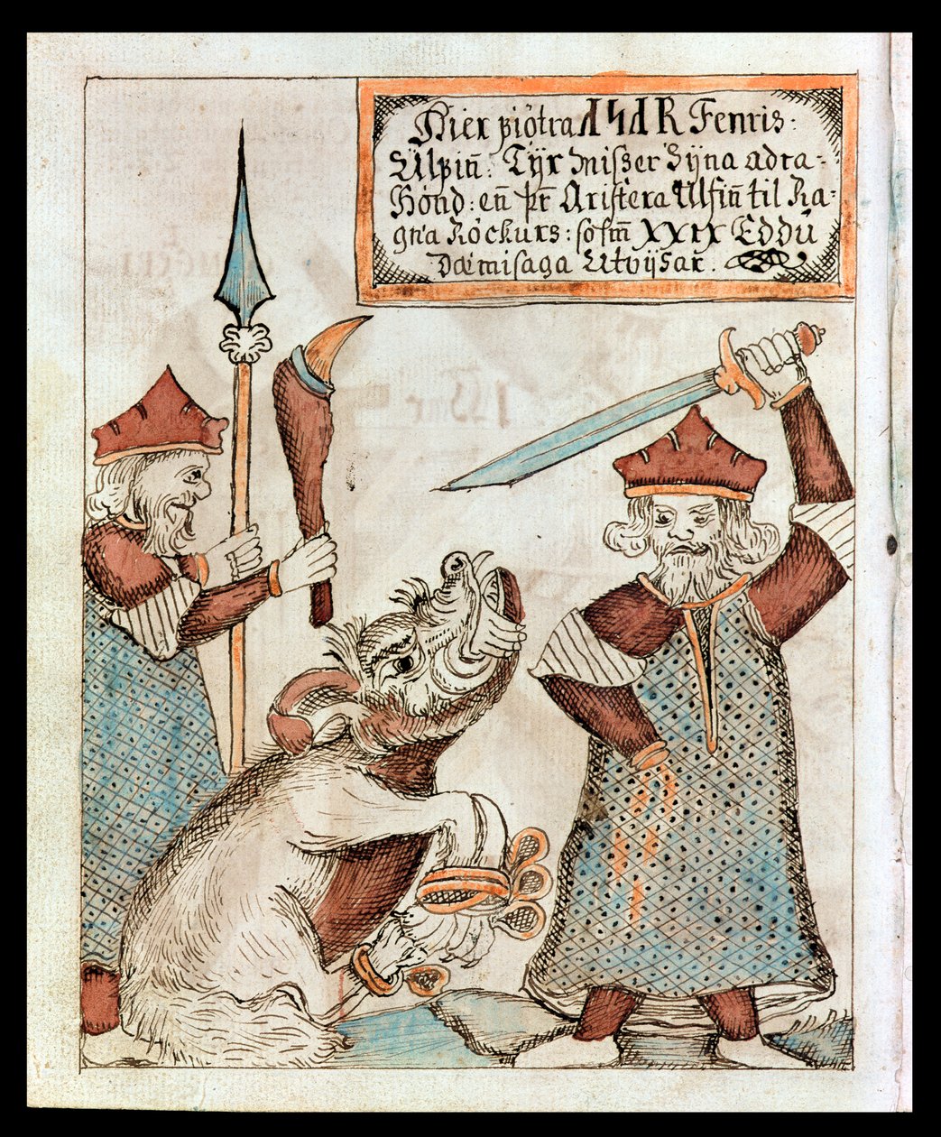 O deus nórdico Tyr perdendo a mão para o lobo amarrado, Fenrir de Icelandic School