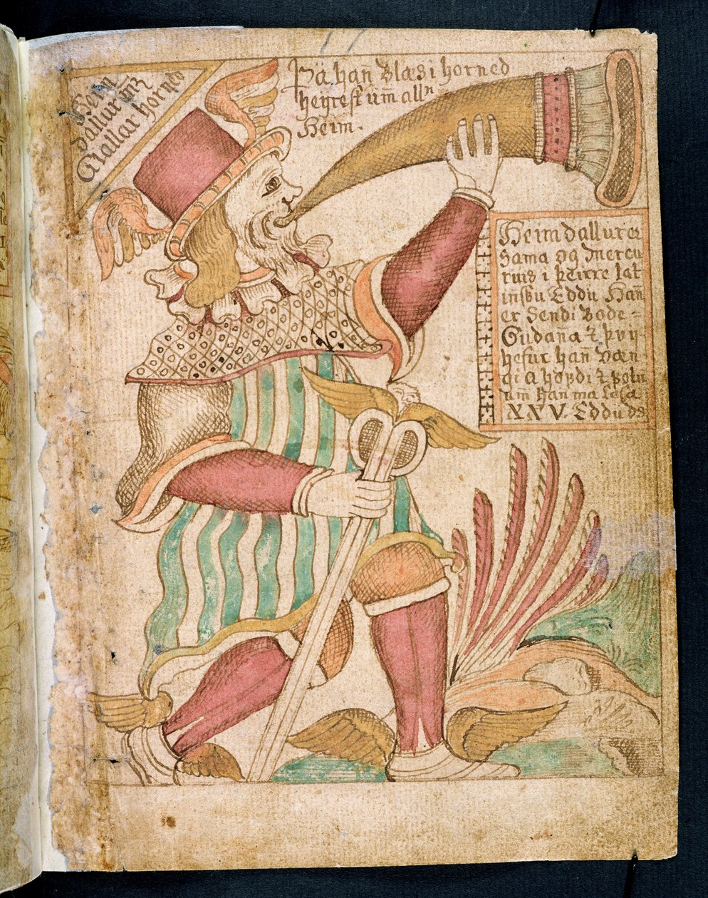 Heimdal soprando seu chifre antes de Ragnarok, de Melsteds Edda (caneta e tinta e wc no papel) de Icelandic School