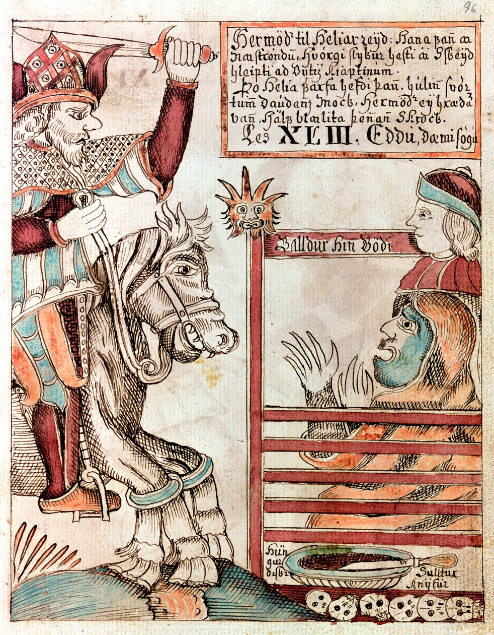 Hermod montado em Sleipnir, o famoso carregador de oito patas de seu pai, nos portões barrados do Reino de Hel de Icelandic School