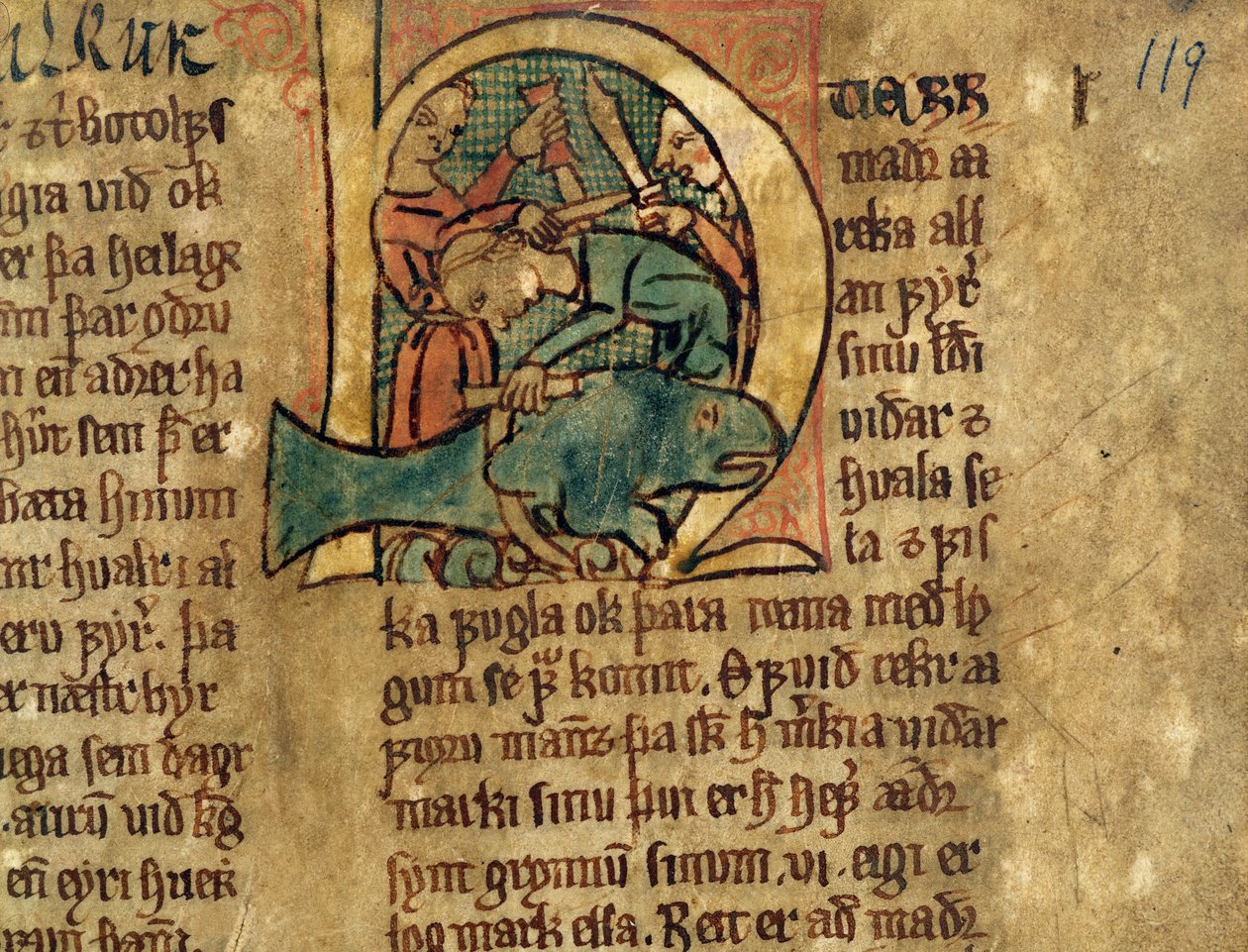 Historiated H inicial de um artigo sobre a divisão de baleias encalhadas, cópia de uma coleção de lei original do século XIV Jonsbok de Icelandic School
