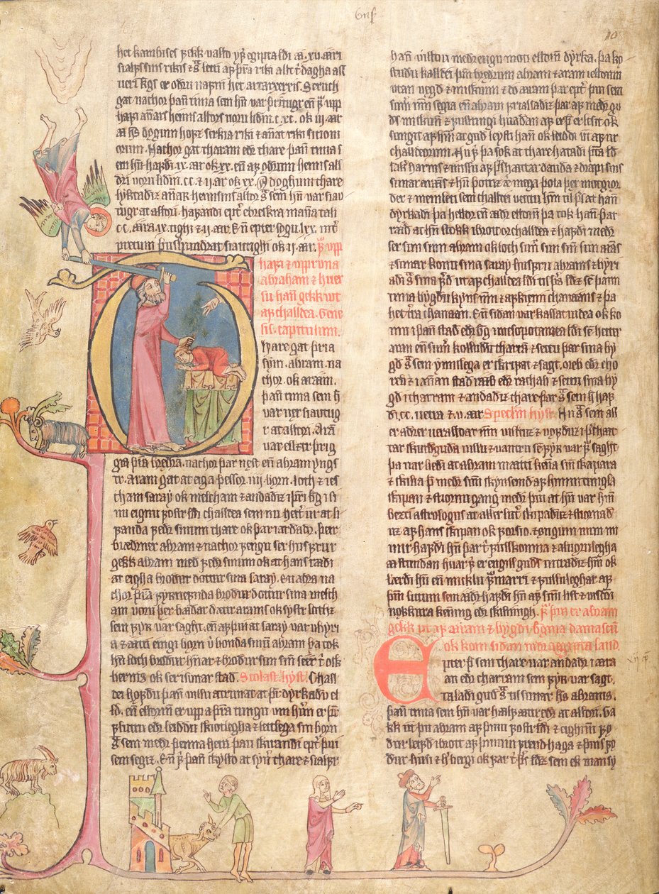 Historiated P inicial que descreve o sacrifício de Abraham, de Stjorn (governança) de Icelandic School
