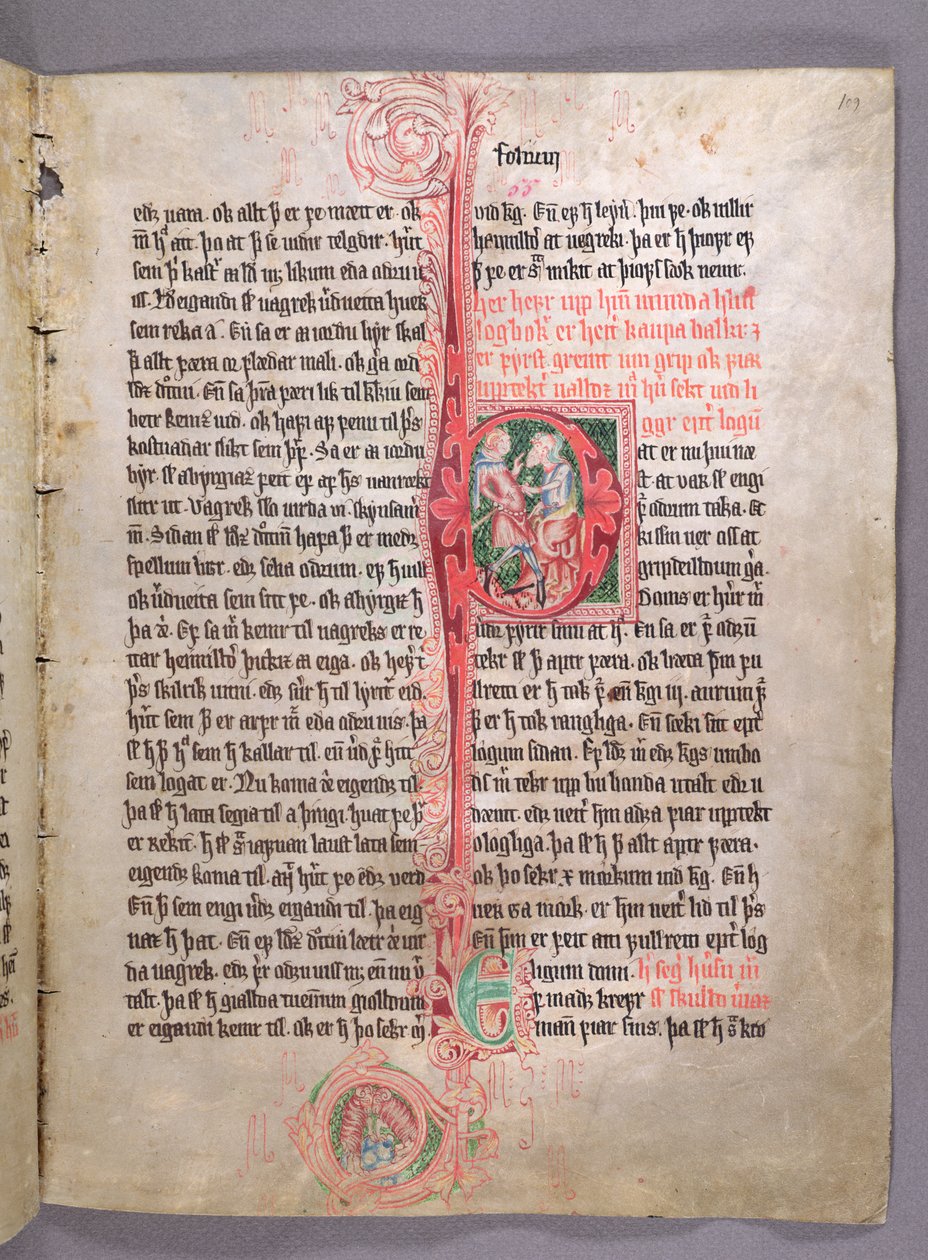 Historiated P inicial que descreve dois comerciantes, do começo da seção no comércio, de Skarosbok (o livro de Skard) c.1350 de Icelandic School