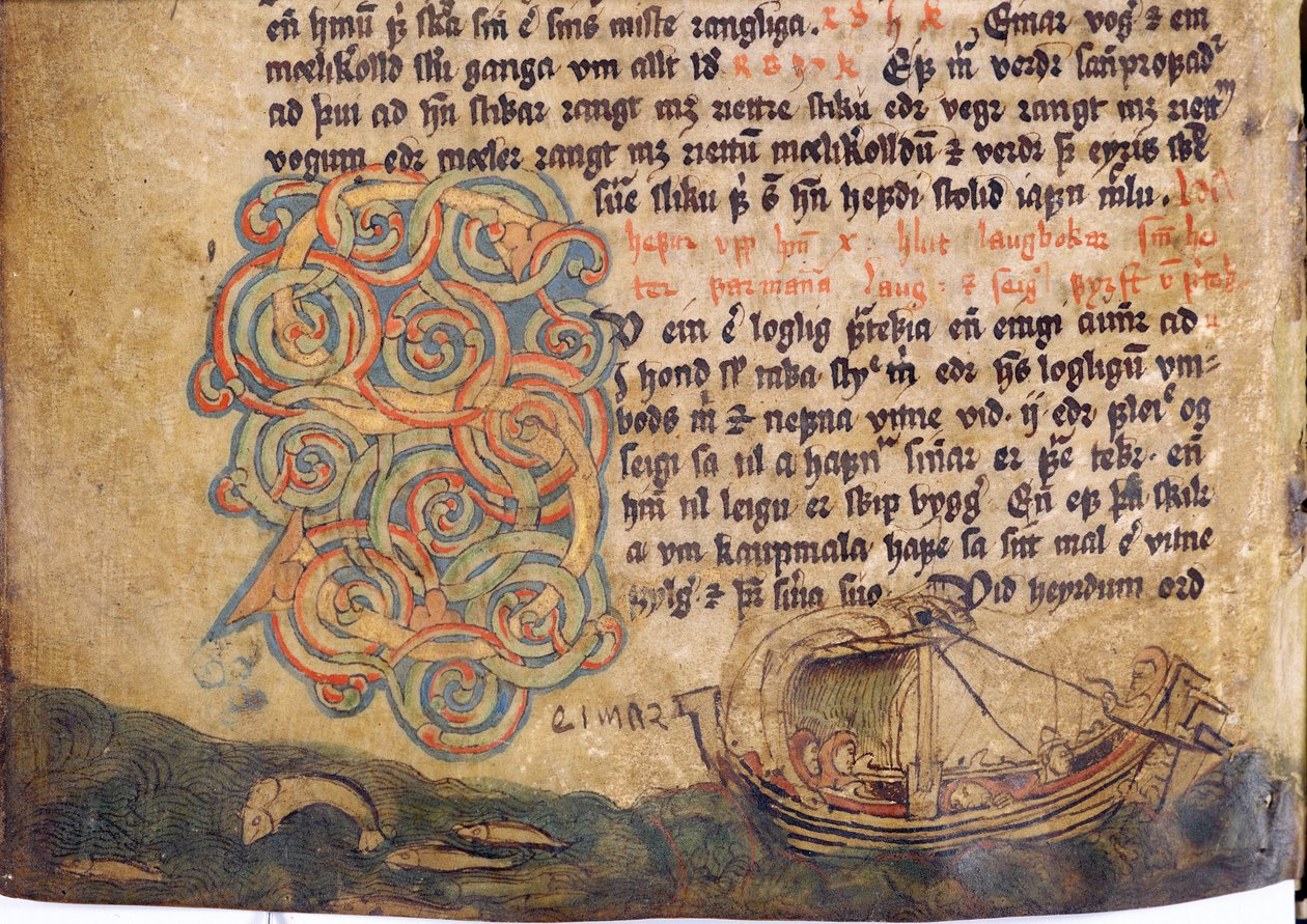 S inicial de Historiated, de uma cópia da coleção original da lei de Jonsbok do 13o século de Icelandic School