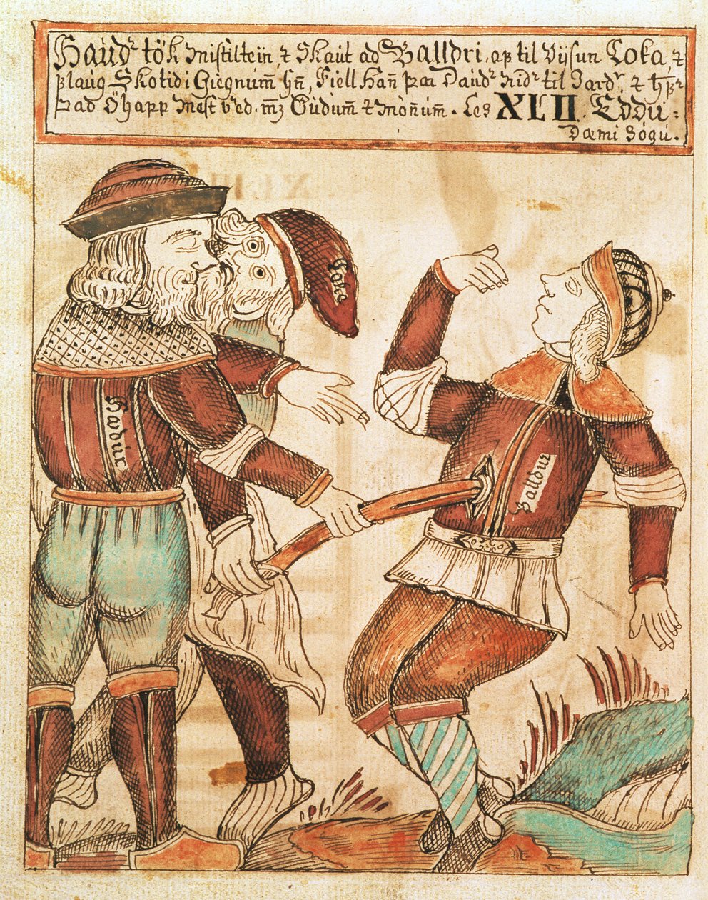Ny Kgl Saml 1867.4, s.95v The Killing of Balder (caneta e tinta e aguarela sobre papel) (ver também 169947) de Icelandic School