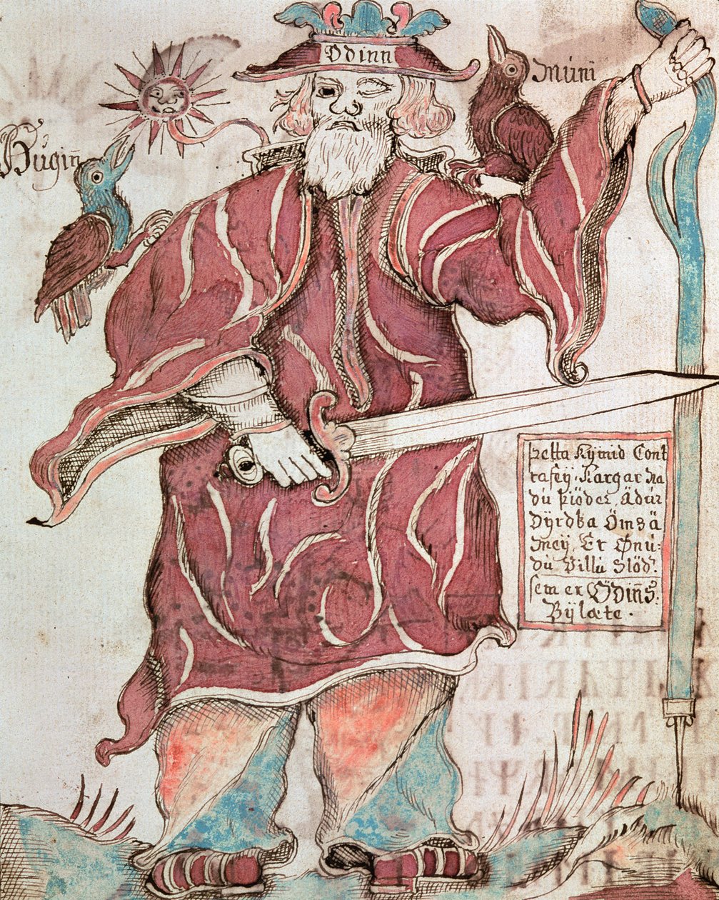Odin, com seus dois corvos, Hugin (pensamento) e Munin (memória) de Icelandic School