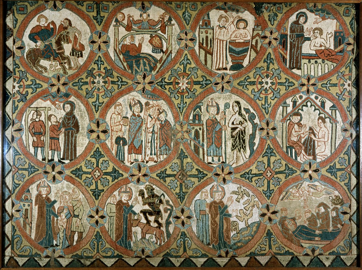 St. Martin of Tours - Altar siding: cenas da história de Saint Martin of Tours - 12 cenas da vida de Saint Martin - Islândia, bordado de Icelandic School