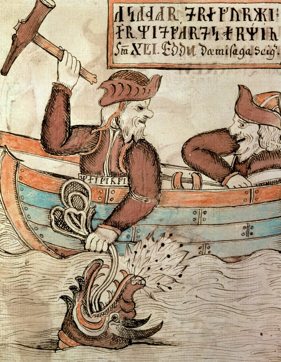 Thor pescando a serpente de Midgard, do barco do gigante Hymir de Icelandic School