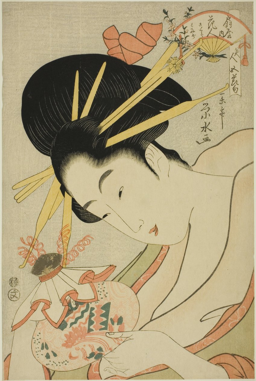 A cortesã Hanahito do Ogiya e as atendentes Sakura e Momiji, da série "Belezas dos Cinco Festivais (Bijin gosekku)" de Ichirakutei Eisui
