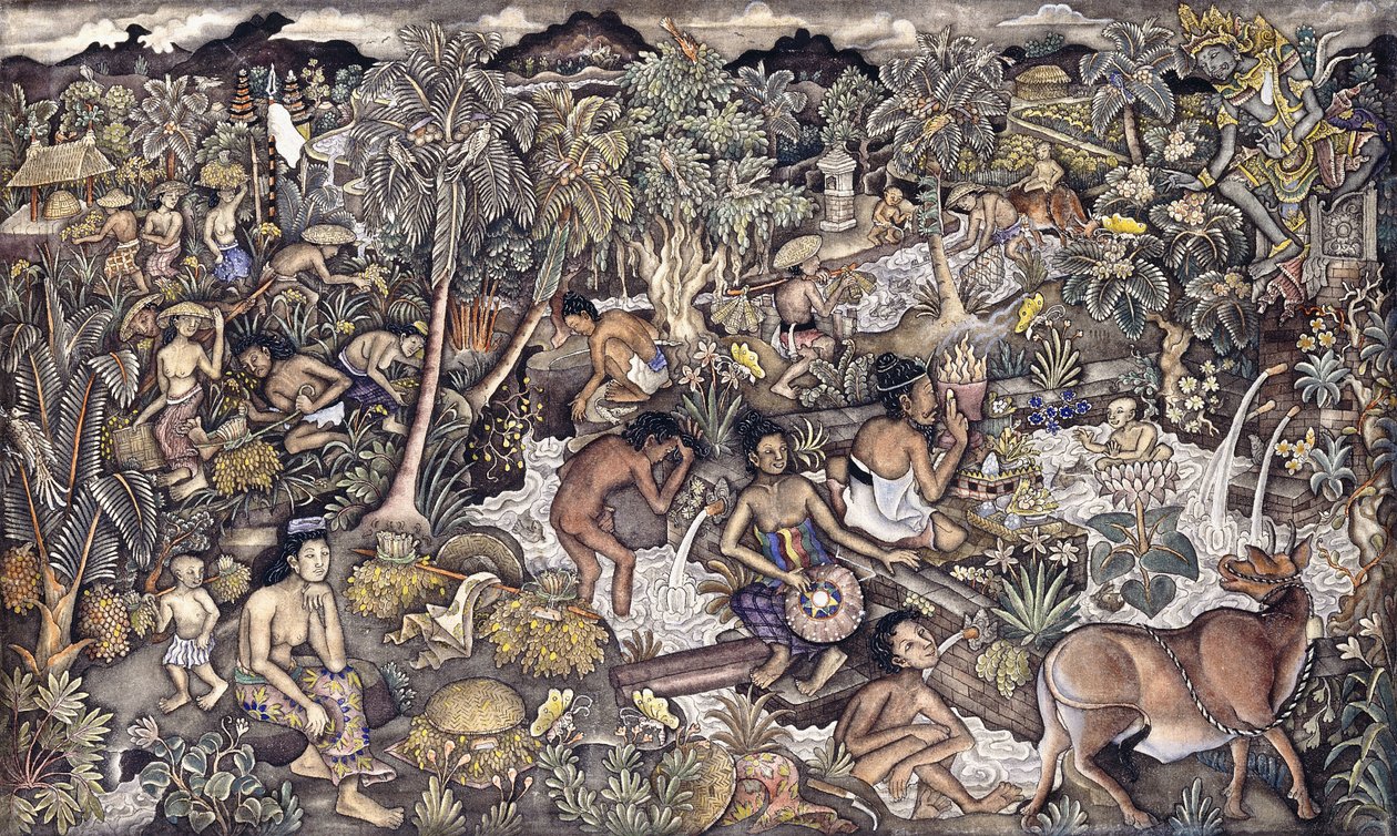 Bali Life, c.1940 (óleo sobre pano de queijo) de Ida Bagus Kembeng