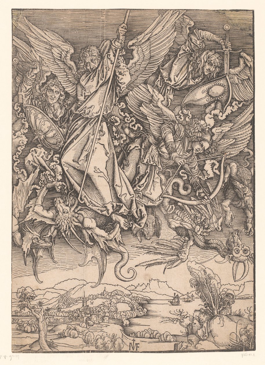 Os arcanjos combatem os dragões
Cópias do Apocalipse de Dürer (título da série) de Ieronimus Greff von Frankfurt