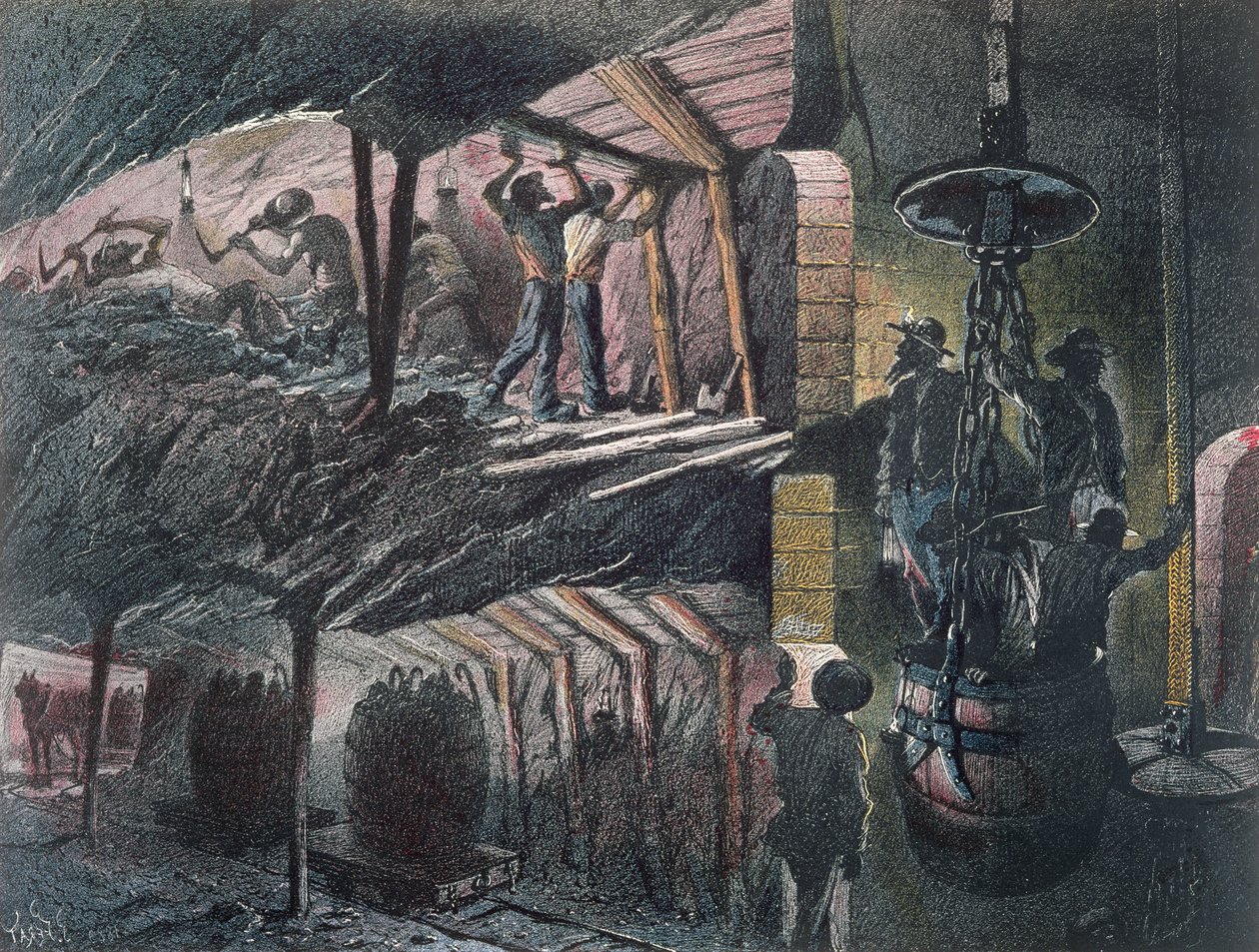 Seção transversal de uma mina de carvão, gravada por Jules Ferat (n.1819) 1889 de Ignace Francois Bonhomme