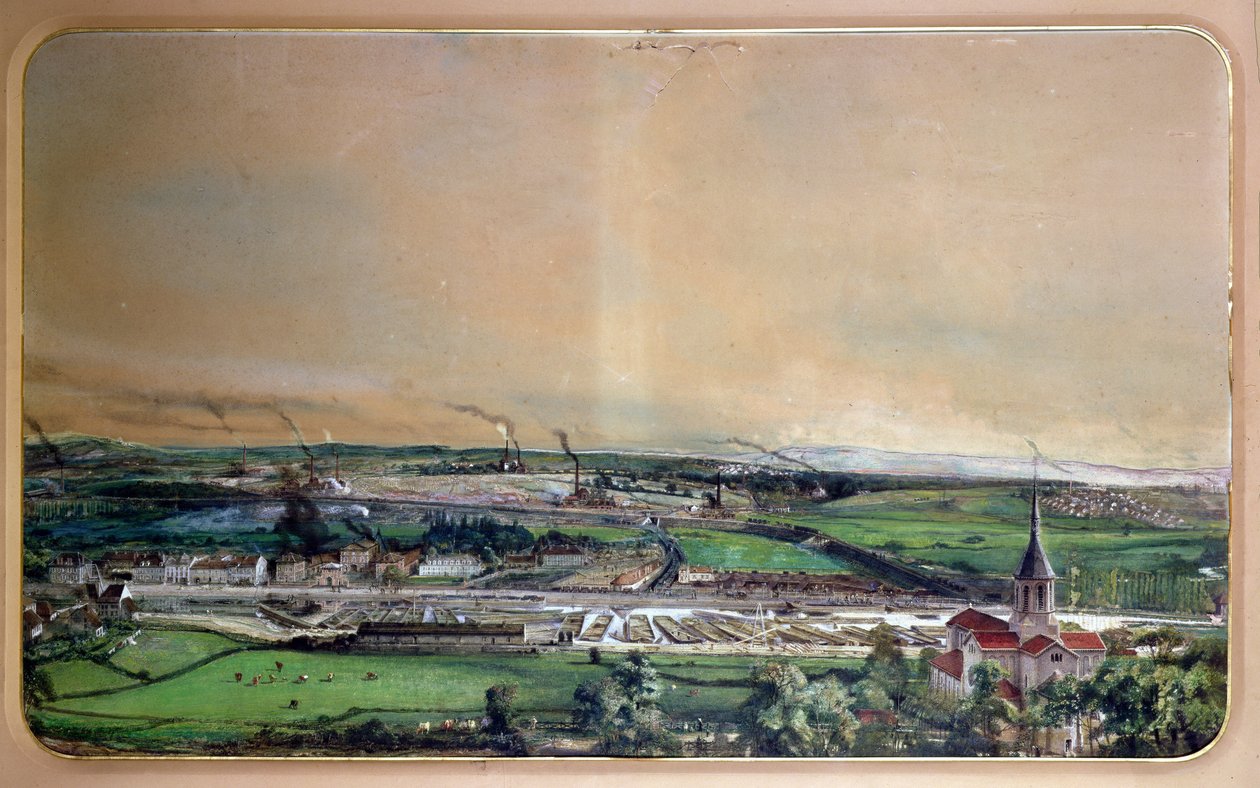 Paisagem industrial no campo de carvão Blanzy, Saone-et-Loire, c.1860 (w em papel) de Ignace Francois Bonhomme