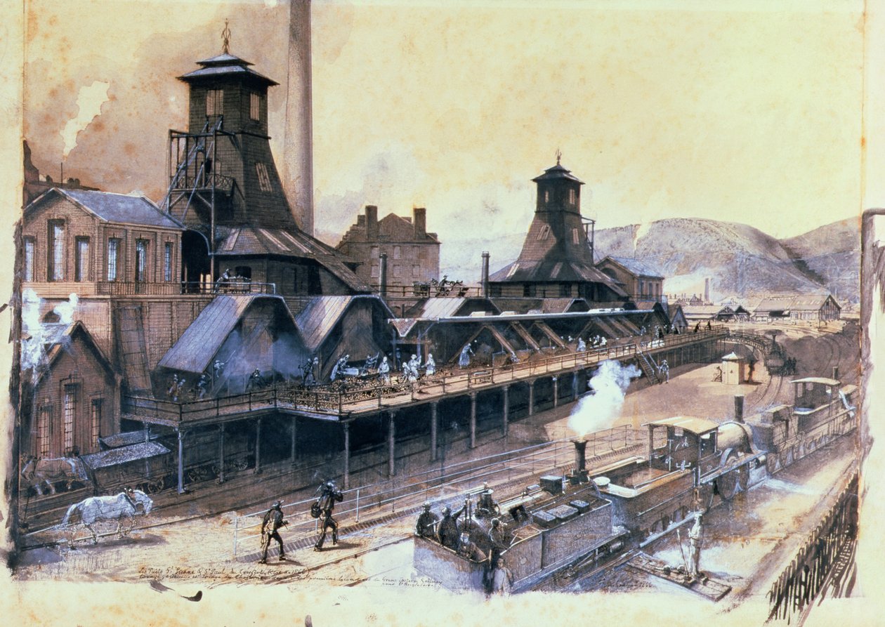 Os poços de St. Pierre e St. Paul em Le Creusot, 1866 (tinta e guache sobre papel) de Ignace Francois Bonhomme