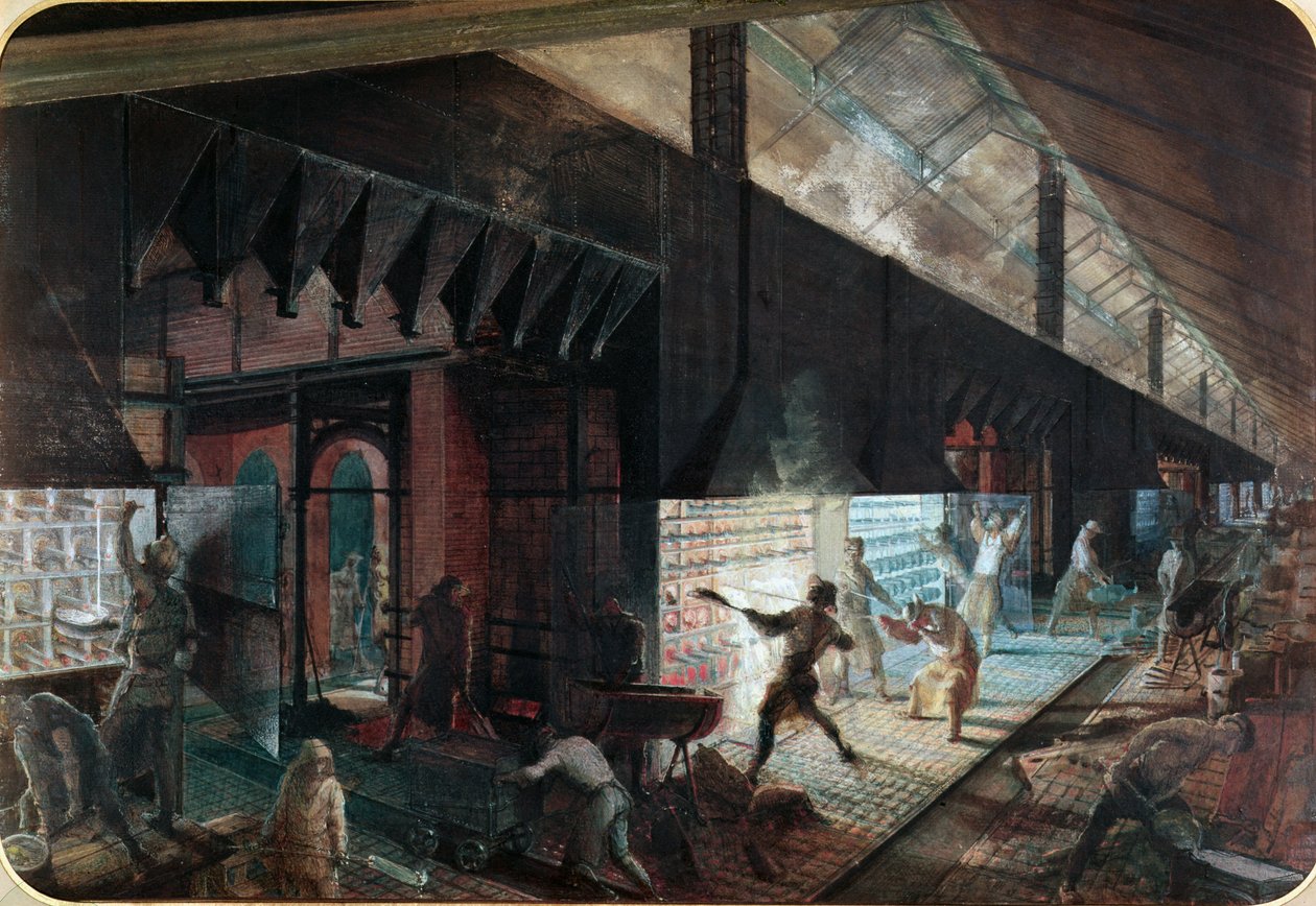Produção de zinco na fábrica Old Mountain, Saone-et-Loire, c.1860 de Ignace Francois Bonhomme
