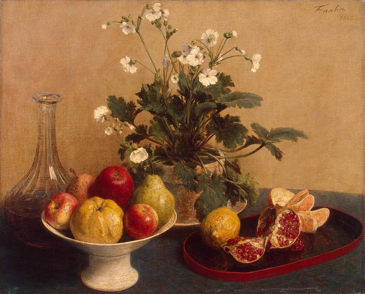 Flores, prato com frutas e jarra, 1865 de Ignace Henri Jean Fantin Latour