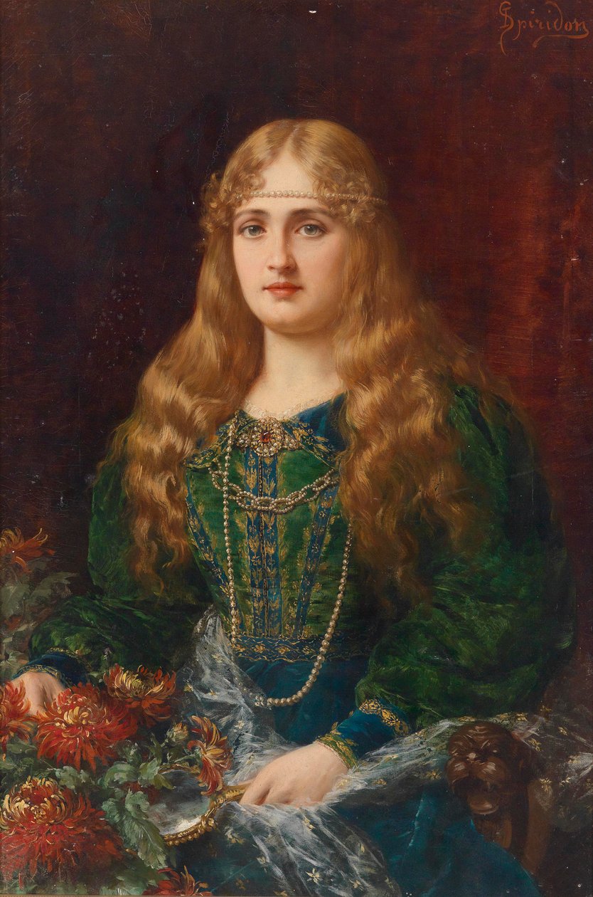 Mulher jovem, em, histórico, traje de Ignace Spiridon